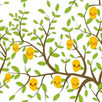 Seamless pattern Brown branches with green leaves, yellow mango fruits Kawaii Illustrazione stock