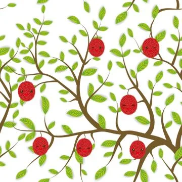 Seamless pattern Brown branches with green leaves, lichee fruits Kawaii funny Ilustración de archivo