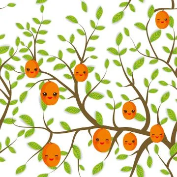 Seamless pattern Brown branches with green leaves, peach apricot fruits Kawai Stock Illustration
