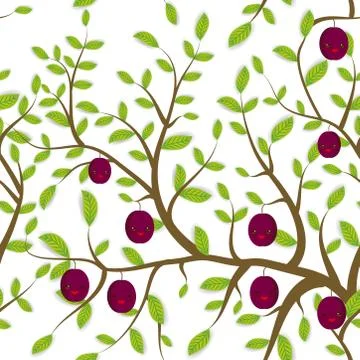 Seamless pattern Brown branches with green leaves, plum fruits Kawaii funny m Ilustración de archivo