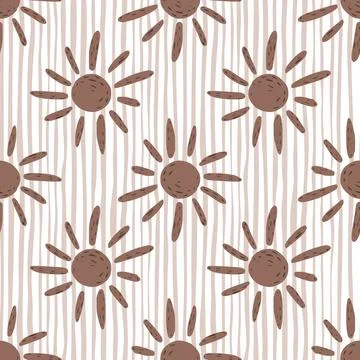 Seamless pattern with brown ethnic sun ornament. Light striped background Stock Illustration