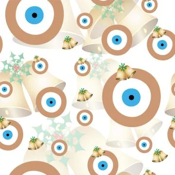 Seamless pattern with brown evil eyes and Christmas bells Illustrazione stock