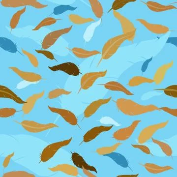 Seamless pattern with brown  feathers on lihgt blue background Stock Illustration