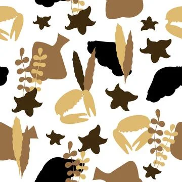 Seamless Pattern with Brown Fish and Underwater Sea Inhabitants Silhouettes. Illustrazione stock