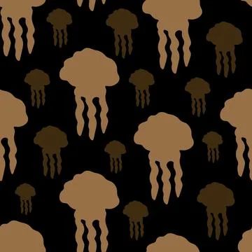 Seamless Pattern with Brown Jellyfish Silhouettes on Black Background. Stock Illustration