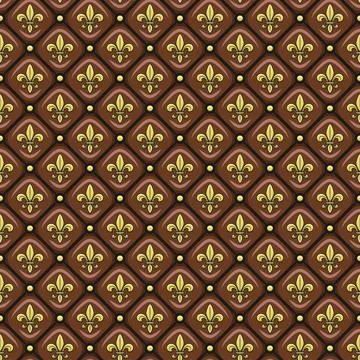 Seamless pattern with brown leather upholstery, golden fleur de lis. Stock Illustration