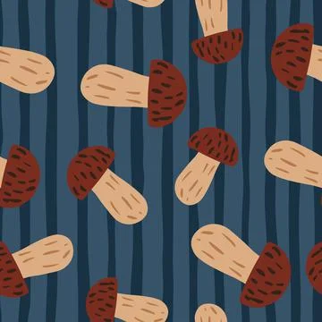 Seamless pattern with brown mushroom hand drawn print. Navy blue striped back Stock Illustration