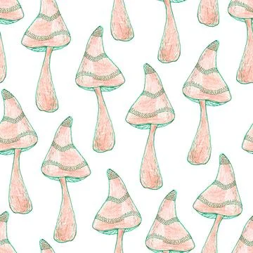 Seamless pattern of brown mushrooms isolated on white, hand drawn with pen Stock Illustration