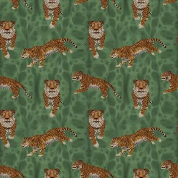 Seamless pattern of brown tigers with green background Stock Illustration