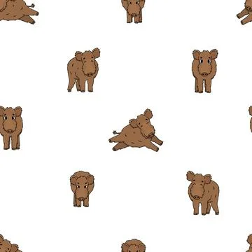 Seamless pattern of brown vector outline cute cartoon boar in different poses Stock Illustration