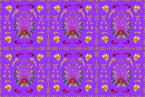 Seamless pattern on brown, yellow and violet colors with golden elements. Tradit イラスト素材