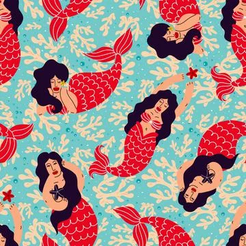 Seamless pattern with brunette mermaids and corals on a blue background Illustrazione stock