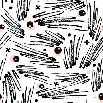 Seamless pattern with brush made hand drawn elements. Black and white textu.. Stockillustratie