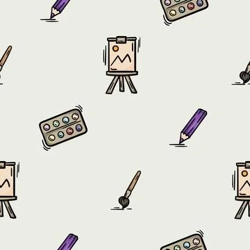 Seamless pattern with brush, paint, easel, pencil Stock Illustration