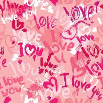 Seamless pattern with brush strokes and scribbles in heart shapes and words l Stock Illustration