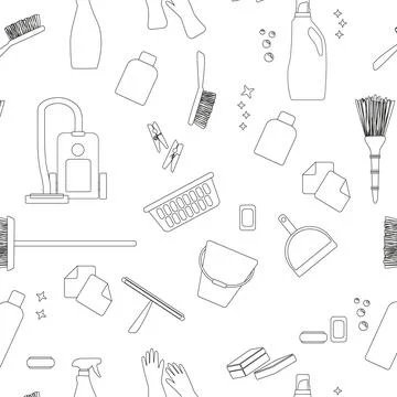 A seamless pattern with brushes and bottle spray for cleaning. Stock Illustration