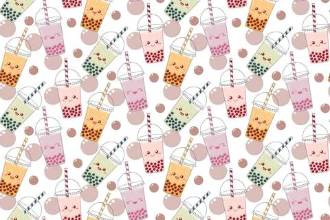 Seamless pattern with bubble tea and tapioca pearls on white background. Fu.. Stock Illustration