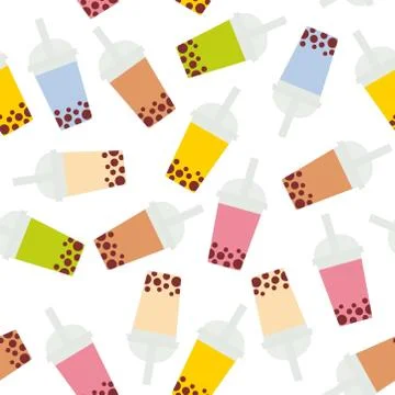 Seamless pattern Bubble Tea with different fruits and berries. Milk Cocktails Stock Illustration