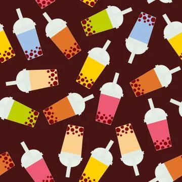 Seamless pattern Bubble Tea with different fruits and berries. Milk Cocktails Stock Illustration