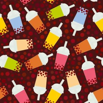 Seamless pattern Bubble Tea with different fruits and berries. Milk Cocktails Stock Illustration