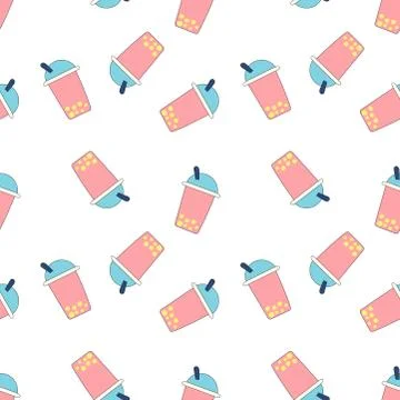 Seamless pattern Bubble Tea with different fruits and berries. Milk Cocktails Stock Illustration