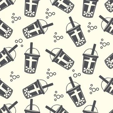Seamless pattern bubble tea drink doodle drawing. Food and beverage vector .. Stock Illustration