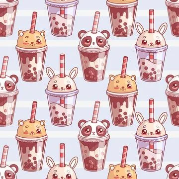 Seamless pattern with Bubble Tea of funny animals glass drink. Cute kawaii .. Stock Illustration