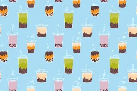 Seamless pattern with bubble tea. Repeating print with cold boba cocktail i.. Stock Illustration