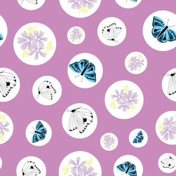 Seamless pattern bubbles and butterflies on purple background Stock Illustration