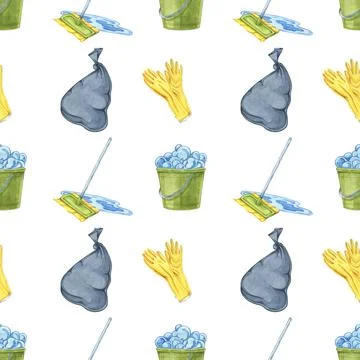 Seamless pattern with buckets, gloves, and spray bottles. Watercolor clipart for Stock Illustration