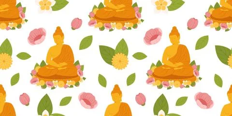 Seamless Pattern of Buddha with Floral and Leaf Motifs in a Vibrant Zen Des.. Stock Illustration