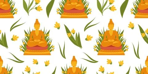 Seamless pattern of Buddha statues in meditation surrounded by yellow flowers Stock Illustration