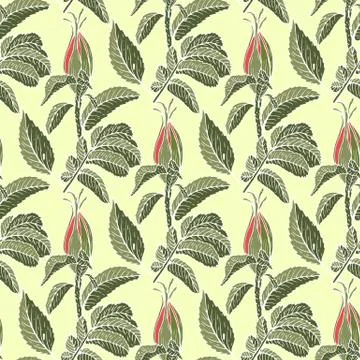 Seamless pattern with buds of rosehip and green leaves isolated on light yell Stock Illustration
