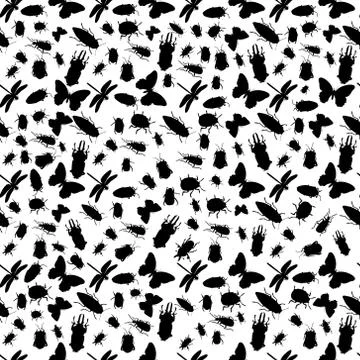 Seamless pattern with bugs, butterflies, and dragonflies silhouettes in black Illustrazione stock