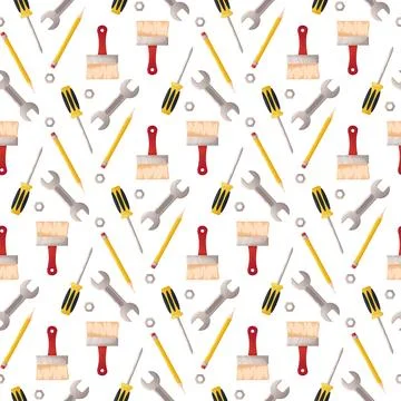 Seamless pattern, building tools. Brush, screwdriver, nut. Vector illustratio Stock Illustration