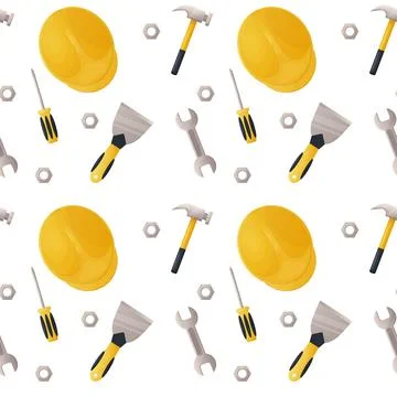 Seamless pattern, building tools. Helmet, screwdriver, nut. Vector illustrati Stock Illustration