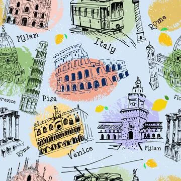 Seamless pattern of buildings, antique columns, landmarks of Italy. Vector Stock Illustration