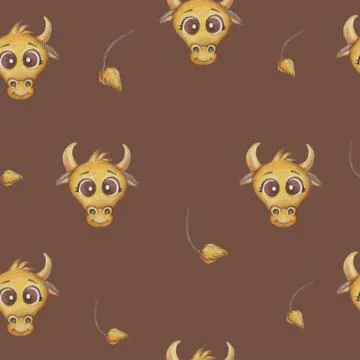 Seamless pattern with bull face and tail on a brown background. New Year 2021 Stock Illustration