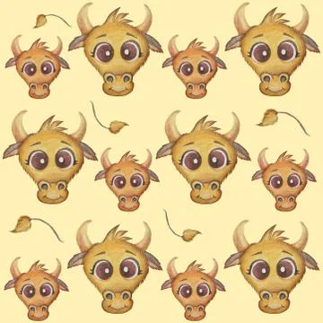 Seamless pattern with bull face and tail on a beige background. Pet. Year of the 스톡 일러스트