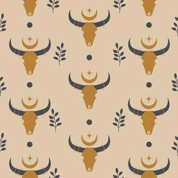 Seamless pattern with bull skull and moon illustration Stock Illustration