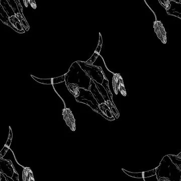 Seamless pattern of bull skulls with feathers on their horns. Illustrazione stock