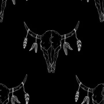 Seamless pattern of bull skulls with feathers on their horns. Stock Illustration