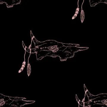 Seamless pattern of bull skulls with feathers on their horns. Stock Illustration
