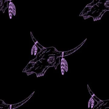 Seamless pattern of bull skulls with feathers on their horns. Stock Illustration