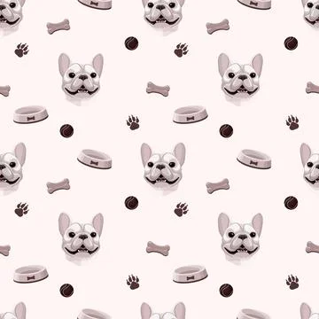 Seamless pattern with bulldog head portrait and accessories for dog bowl, ball. Stock Illustration