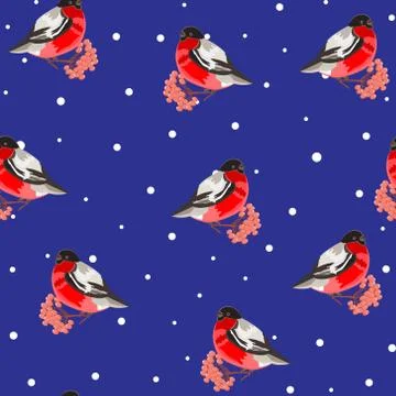 Seamless pattern. Bullfinch and Rowan berries red on a dark blue background.. Stock Illustration