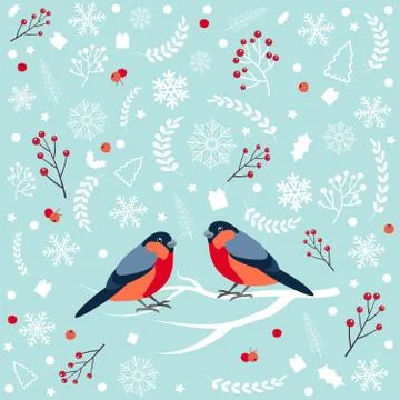 Seamless pattern with bullfinch sitting on snow-covered branch of mountain ash Stock Illustration