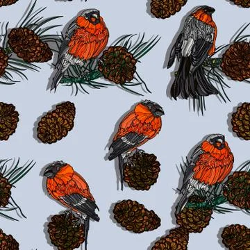 Seamless pattern with bullfinches on the branches. Stock Illustration