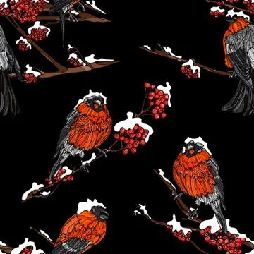 Seamless pattern with bullfinches on the branches. Stock Illustration