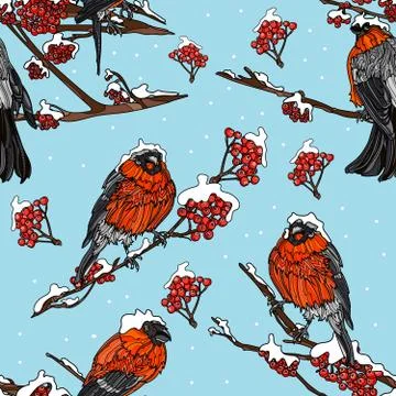 Seamless pattern with bullfinches on the branches. Stock Illustration